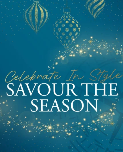 Festive hotel dining promotion banner with gold baubles, twinkling lights and "Savour the Season" message, welcoming seasonal offers